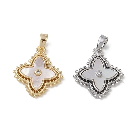 Brass & Shell & Clear Cubic Zirconia Pendants, Flower Charms