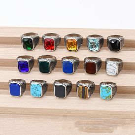 304 Кольца из нержавеющей стали с драгоценными камнями, античное серебро, прямоугольные
