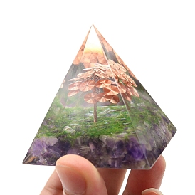 Orgonite Pyramid Resin Energy Generators, Reiki Gemstone Chips and Wire Wrapped Tree of Life Inside for Home Office Desk Decoration