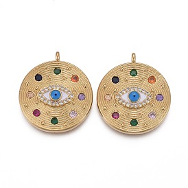Brass Micro Pave Colorful Cubic Zirconia Enamel Pendants, Long-Lasting Plated, Flat Round with Horse Eye