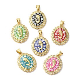 Oval with Virgin Face Brass Micro Pave Cubic Zirconia Pendants, with Enamel & Shell, Long-Lasting Plated, Lead Free & Cadmium Free, Real 18K Gold Plated