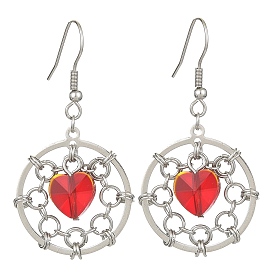 Brass Flat Round & Glass Heart Dangle Earrings, with 316 Surgical Stainless Steel Pins