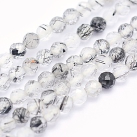  Natural Black Rutilated Quartz Beads Strands, Round, Faceted