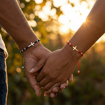 2крестики 304браслеты из нержавеющей стали, Набор регулируемых браслетов из плетеных круглых бусин для пары