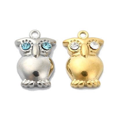 304 Stainless Steel Pendants, High Polished  with Rhinestone, Owl Charms