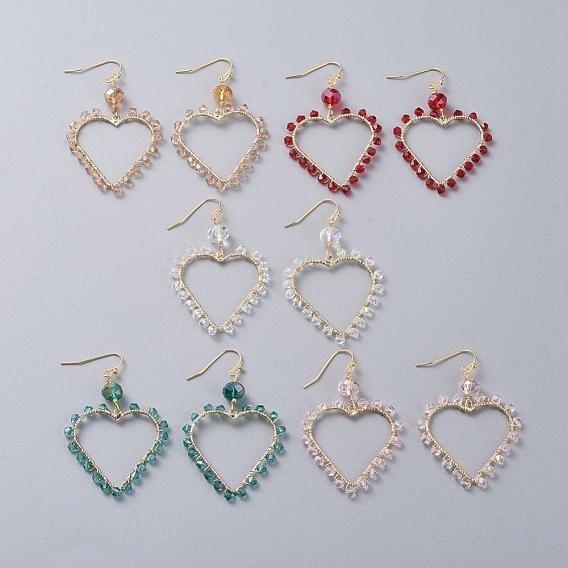 Faceted Glass Dangle Earrings, with Real 18K Gold Plated Brass Pendants and Earring Hooks, with Cardboard Packing Box, Heart