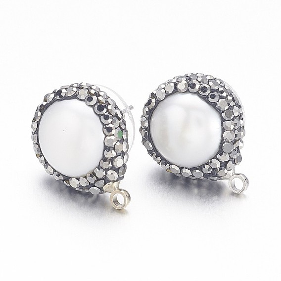 Изделия из латуни, с петлей, С полимерными глиняными стразами и жемчугом, плоско-круглые, платина