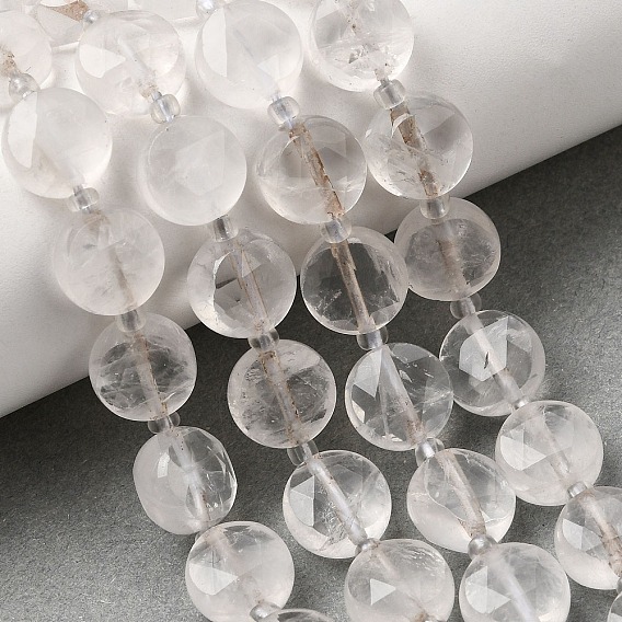 Naturelles cristal de quartz brins de perles, perles de cristal de roche à facettes hexagonales en forme de pièce, avec des perles de rocaille