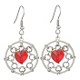 Brass Flat Round & Glass Heart Dangle Earrings, with 316 Surgical Stainless Steel Pins