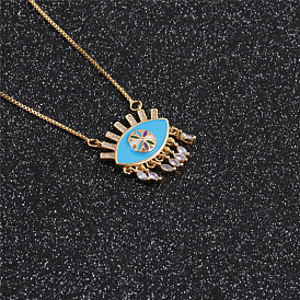 Gold-Plated Copper Jewelry with Multiple Zircon Oil-Dripping Evil Eye Pendant Necklace for Women