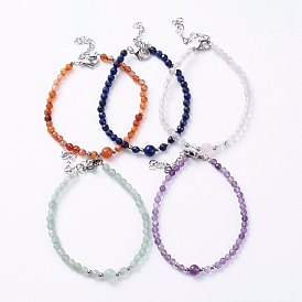 Bracelets de perles de pierres précieuses naturelles, avec des perles en laiton, 304 fermoirs mousqueton et chaînes à maillons en acier inoxydable