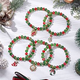 Christmas Theme Glass Beads Stretch Bracelets, with Alloy Enamel Charm