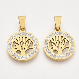 201 Stainless Steel Pendants, with Random Size Snap On Bails and Polymer Clay Crystal Rhinestones, Flat Round with Tree