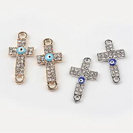 Alloy Rhinestone Links Connectors, with Enamel, Cross with Evil Eye, 25.5x12x2.5mm, Hole: 2mm