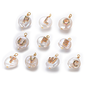 Natural Cultured Freshwater Pearl Pendants, with Brass Micro Pave Cubic Zirconia Findings, Flat Round with Random Mixed Letter, Golden