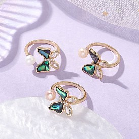 3шт. 3 цвета бабочка латунные микропаве прозрачные кубические цирконии и перламутровые кольца-манжеты, с натуральными культивированными пресноводными жемчужными бусинами высшего сорта 3а, реальный 18 k позолоченный