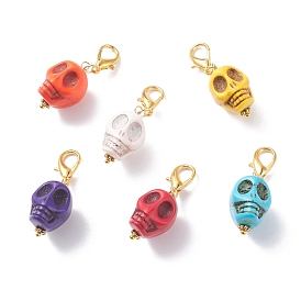 Synthetic Howlite Pendants Decorations, with Zinc Alloy Lobster Claw Clasps, Skull