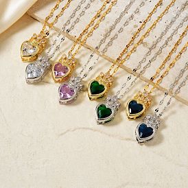 Fashionable Brass Cubic Zirconia Crown Heart-Shaped Pendant Dapped Chain Necklaces for Women