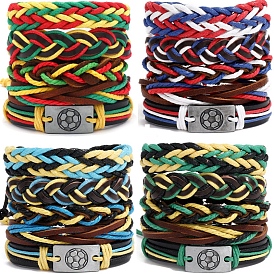 5Pcs 5 Styles Cowhide Braided Cord Bracelets Set, Adjustable Alloy Football Link Stackable Bracelets