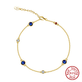 925 браслеты-цепочки из стерлингового серебра с прозрачным паве, синими и красными циркониями, женские браслеты с плоскими круглыми звеньями