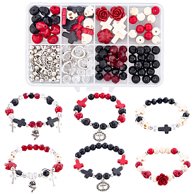 Наборы для самостоятельного изготовления крестового браслета, в том числе окрашенные синтетические бирюзовые бусины, Стеклянные бусины, подвески из сплава и латуни