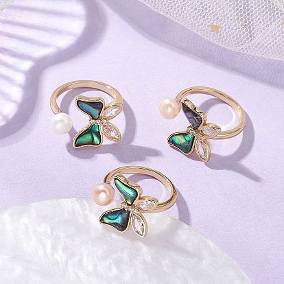 3шт. 3 цвета бабочка латунные микропаве прозрачные кубические цирконии и перламутровые кольца-манжеты, с натуральными культивированными пресноводными жемчужными бусинами высшего сорта 3а, реальный 18 k позолоченный