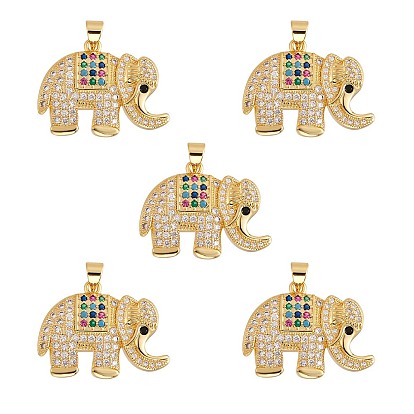 5Pcs Eco-Friendly Brass Micro Pave Colorful Cubic Zirconia Pendant, Long-Lasting Plated, Elephant
