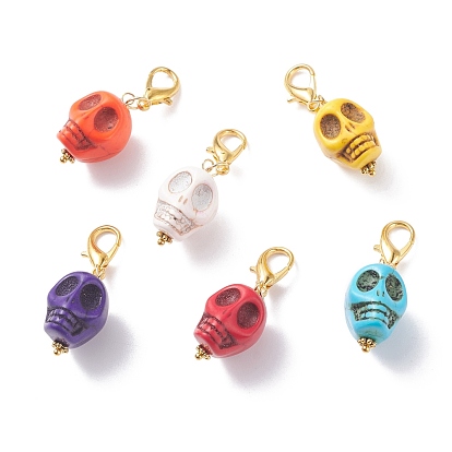 Synthetic Howlite Pendants Decorations, with Zinc Alloy Lobster Claw Clasps, Skull