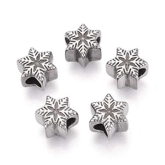 304 бусины европейского стиля из нержавеющей стали с крупными отверстиями, снежинка