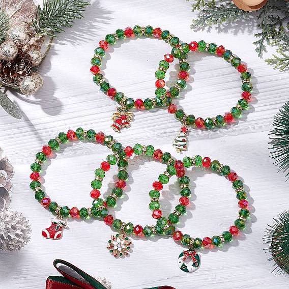Рождественские тематические стеклянные бусины эластичные браслеты, с шармом из сплава эмали