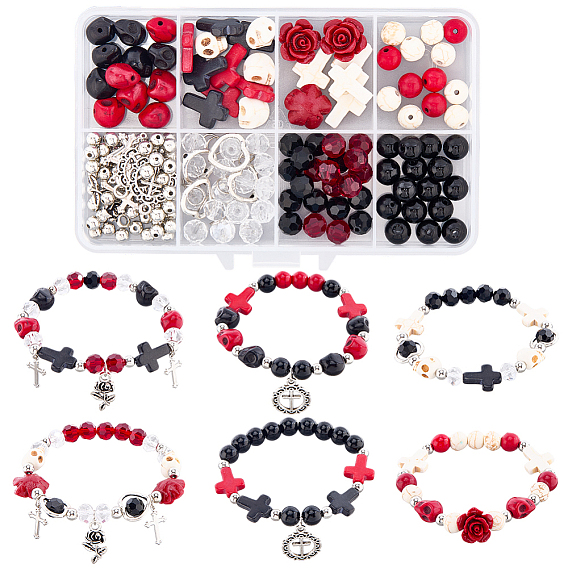 Наборы для самостоятельного изготовления крестового браслета, в том числе окрашенные синтетические бирюзовые бусины, Стеклянные бусины, подвески из сплава и латуни
