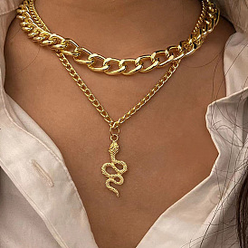 Bold Double-Layered Snake Pendant Necklace with Punk Attitude and Thick Chain