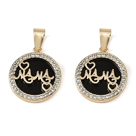 Mother's Day Brass Micro Pave Clear Cubic Zirconia Pendants, with Black Acrylic, Flat Round with Word Mama Charms