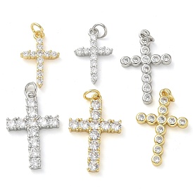 Rack Plating Brass Micro Pave Cubic Zirconia Pendants, Long-Lasting Plated, Lead Free & Cadmium Free, Cross Charms, with Jump Ring