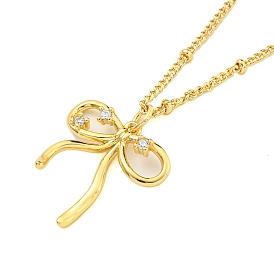 Brass Micro Pave Clear Cubic Zirconia Pendant Necklaces, Bowknot