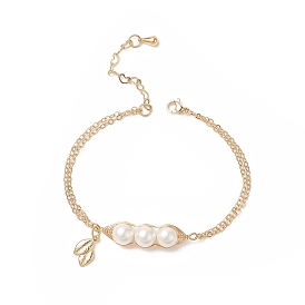Shell Pearl & Leaf Charm Bracelet, Brass Jewelry for Women