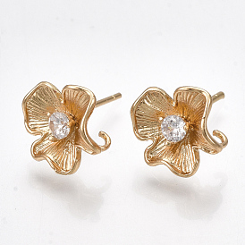 Brass Cubic Zirconia Stud Earring Findings, with Loop, Flower, Clear, Real 18K Gold Plated