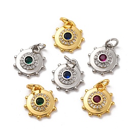 Brass Micro Pave Cubic Zirconia Charms, Long-Lasting Plated, Lead Free & Cadmium Free, Round