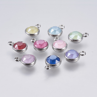K9 Glass Charms, with 304 Stainless Steel Findings, Faceted, Flat Round, Stainless Steel Color