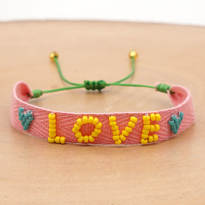 Nylon Cord Braided Bead Bracelets, Glass Seed Beaded Word Love Inspiration Bracelet for Women
