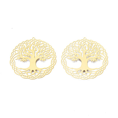 201 подвески из нержавеющей стали, гравированные металлические украшения, плоские круглые с дерева жизни