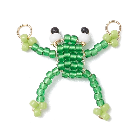 Стеклянные подвески из бисера, лягушки, с медной проволокой, обернутой вокруг кольцами из нержавеющей стали, зелёные