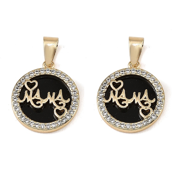 Mother's Day Brass Micro Pave Clear Cubic Zirconia Pendants, with Black Acrylic, Flat Round with Word Mama Charms