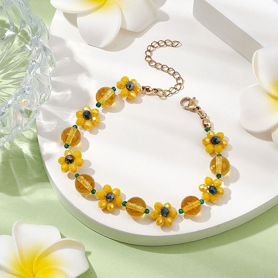 Цветочные браслеты из натурального кварцевого хрусталя с бусинами для женщин, со стеклянными бусинами и золотым ионным покрытием (IP) 304 застежки-клешни из нержавеющей стали