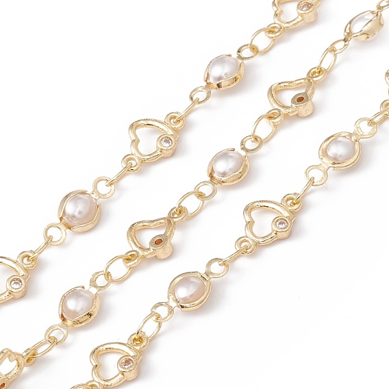Handmade Eco-friendly Brass Heart & Flat Round Link Chain, with Cubic Zirconia & Glass Pearl Beaded, Real 18K Gold Plated, Lead Free & Cadmium Free, Soldered, with Spool