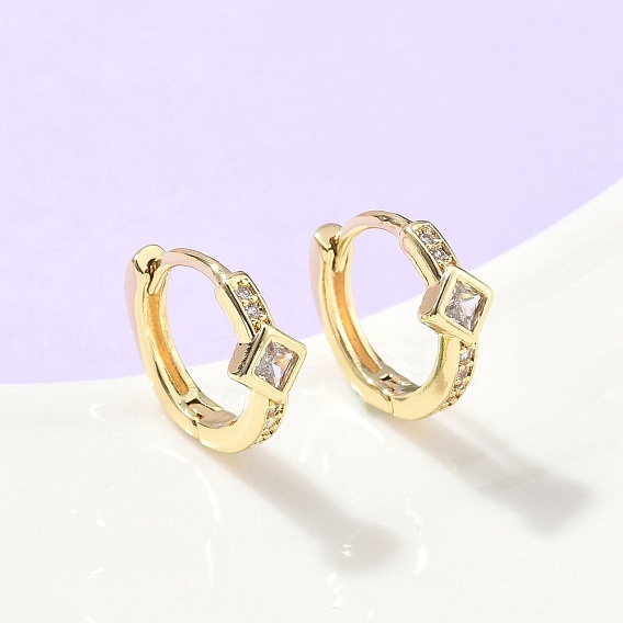 Серьги-кольца с ромбами из латуни с микропаве из прозрачных кубических цирконий, стойки покрытие, долговечный, без кадмия и без свинца