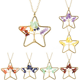 Gemstone Chip Star with Tree of Life Pendant Necklaces, Cable Chain Necklace for Women