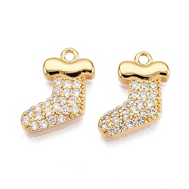 Christmas Theme Brass Micro Pave Clear Cubic Zirconia Charms, Christmas Sock