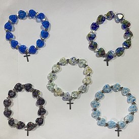 Lampwork & Alloy Beads Stretch Bracelets, with 304 Stainless Steel Cross Pendants