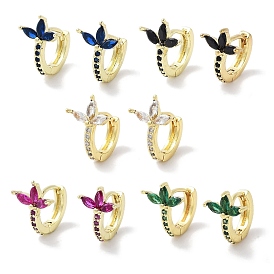 Brass Pave Cubic Zirconia Hoop Earrings, Flower Earrings for Women, Real 18K Gold Plated